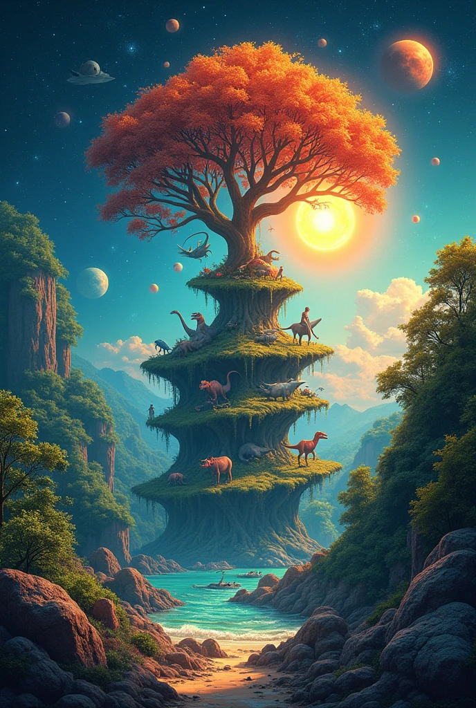 For the cover page of "Book of Genesis - A Story of Life on Earth," 

**Concept**: A vibrant scene showing the progression of life on Earth, starting from the primordial ocean with simple, single-celled organisms and moving forward to more complex life forms like plants, dinosaurs, mammals, and humans. The image could be divided into layers or phases, with each one representing a different era of Earth's biological history.

**Details**:
- **Background**: A gradient sky that transitions from the darkness of space with stars to a bright, life-giving sun, symbolizing the dawn of life.
- **Foreground**: A tree of life in the center, with its roots in the water (symbolizing the origin) and branches reaching out, representing the diversity of life.
- **Elements**: Fossils embedded in the ground, an ancient ocean teeming with early life, lush forests, and iconic creatures from different eras (e.g., trilobites, dinosaurs, early mammals).
- **Artistic Style**: A blend of realism and a slightly ethereal, glowing effect to emphasize the idea of genesis and the wonder of life's beginnings.

This image would visually narrate the story of life's evolution on Earth, making it both informative and visually captivating.