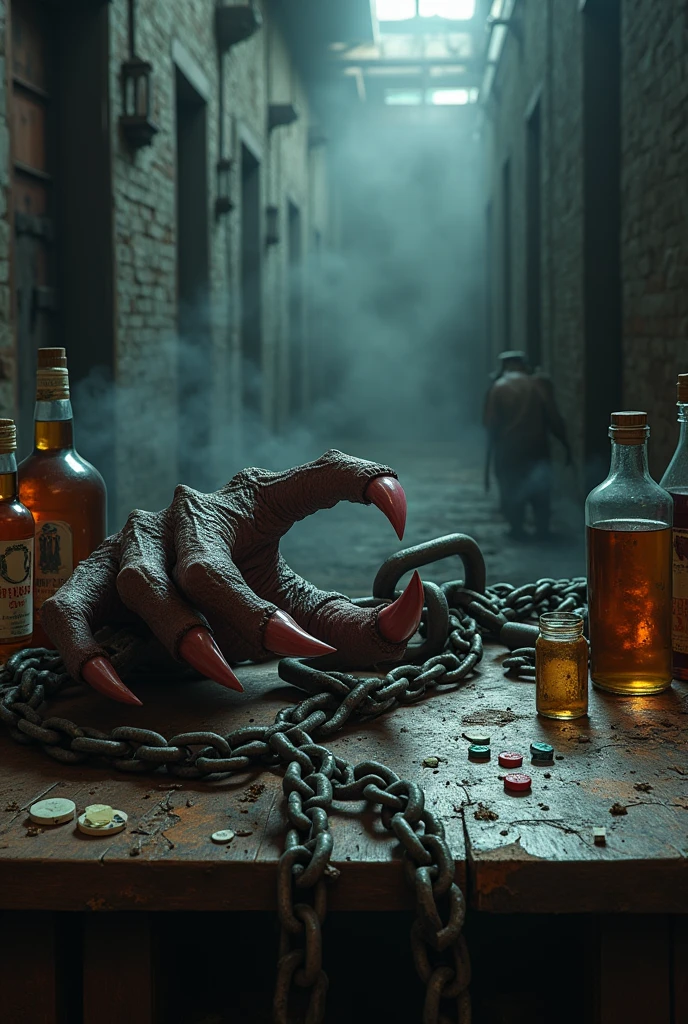 Infernal claws holding a chain on a table with alcohol and drugs in a dark corridor