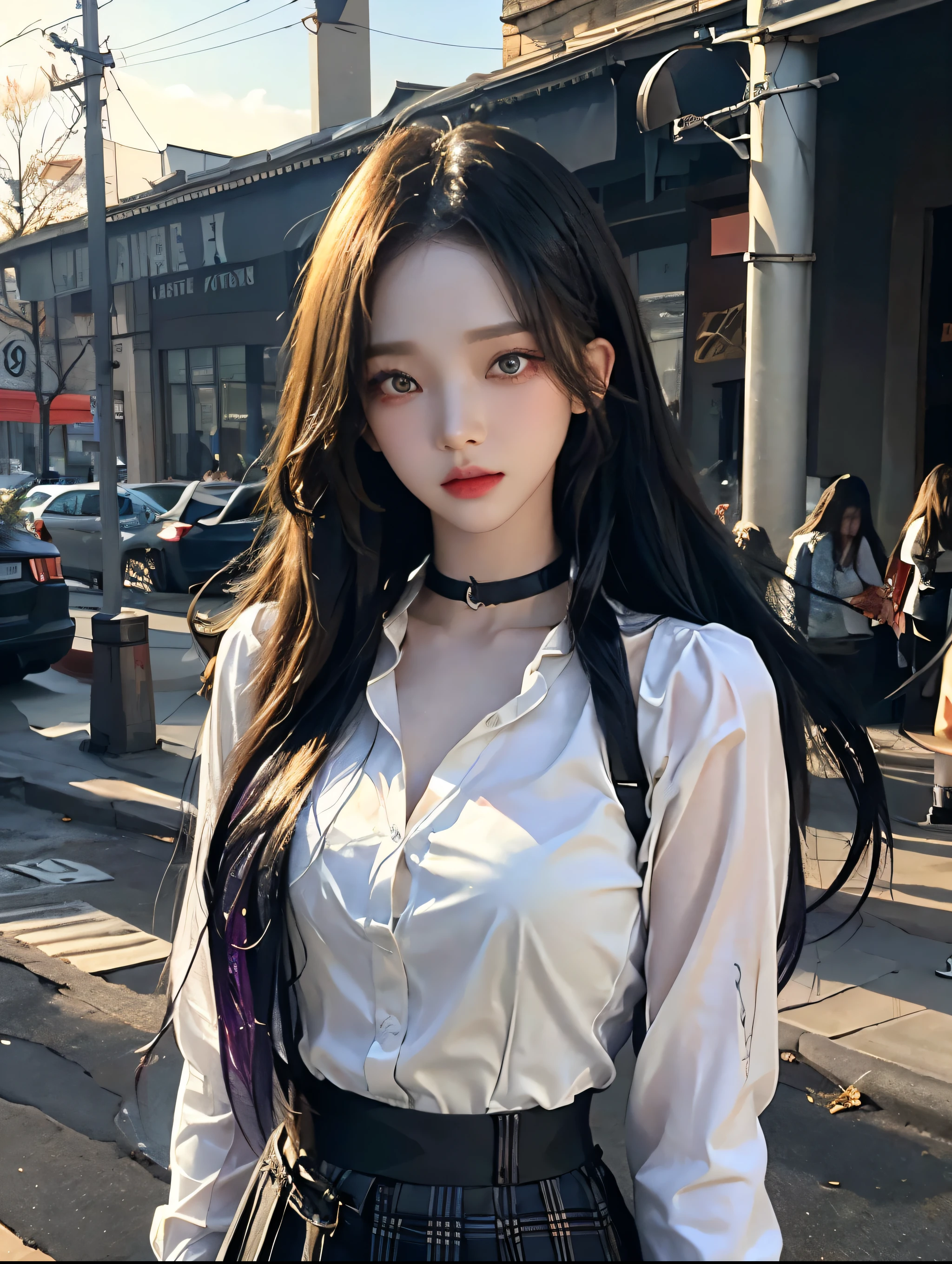 큰 chest, 젖어서 chest이 보이는 흰색 shirt, masterpiece, best quality, whole body, 1 woman, forehead, black choker, black necktie, blond hair, blue skirt, blush, bracelet, chest, choker, clothes approximately waist, clavicle, collared shirt, cowboy shot, dress shirt, ear piercing, eyebrows visible through hair, gradient hair, 이를 드러내고 laugh, fix, bijouterie, Kogal, long hair, looking at viewer, loose necktie, necktie, piercing, plaid, plaid skirt, pleated skirt, red eyes, ring, , shirt, skirt, laugh, alone, distance, sky, downtown city center,illustration, (Magazines:1.3), (sheathe-style:1.3), fashionable, female, vibrant, outfit, posing, front, fancy, dynamic, background, coercion, confidence, expression, possession, name, accessories, majestic, coil, approximately, touch, scene, texts, sheathe, brave, attracting attention, title, Refined, font, catchy, headline, bigger, striking, modern, Trend, Concentrate upon, fashion,