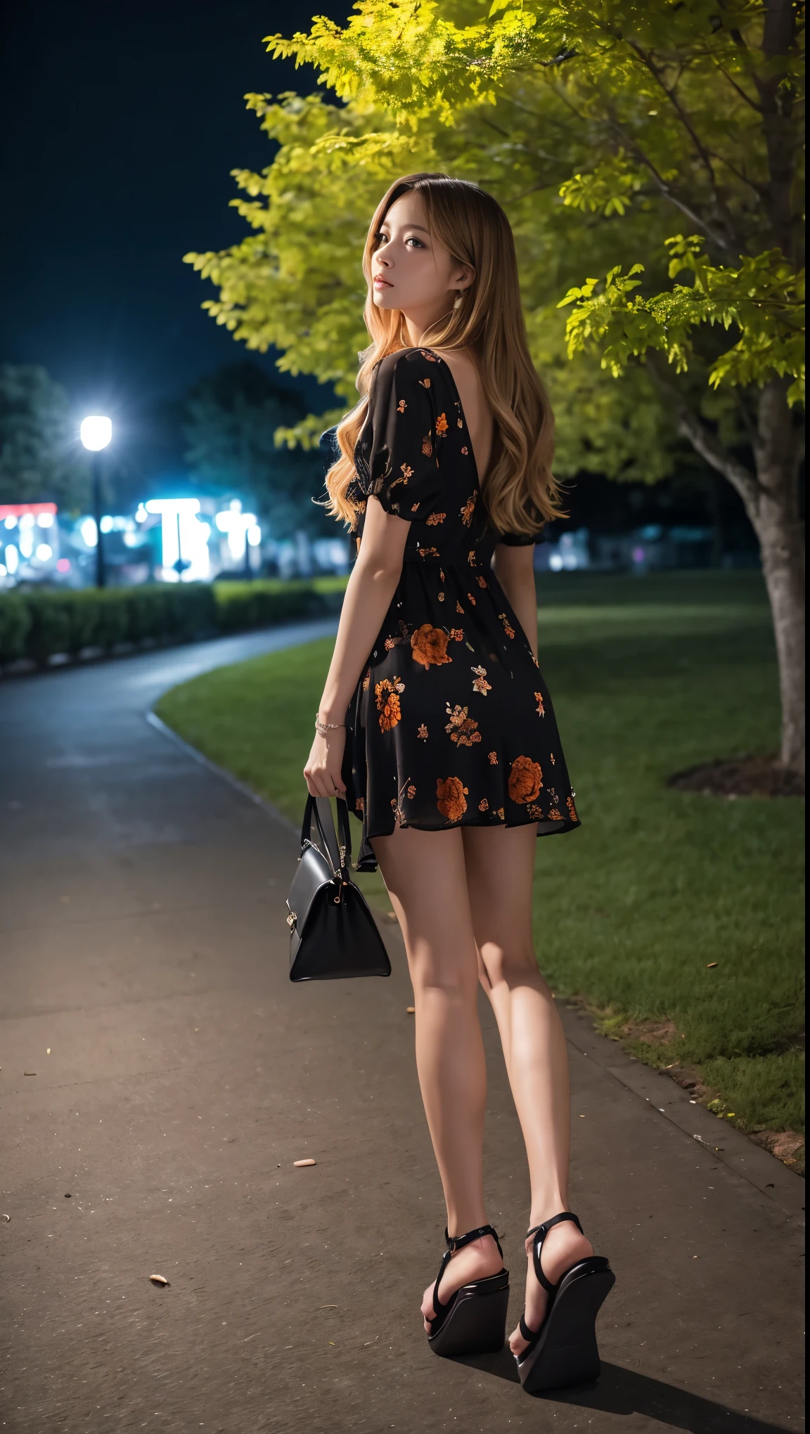 Full Body Shot、Outdoor、masterpiece、Highest quality、High resolution、Realistic、Park at night in pitch black、A woman wearing an orange see-through dress walking alone in a dark, deserted park、The back view of an 18-year-old beautiful girl wearing a floral dress、looking back、A beautiful woman flees in fear from a man approaching her in a park in the middle of the night、With her long, wavy, dark blonde hair fluttering、Long legs、Beautiful legs、Platform Sandals、slim、model、Slender、若くてセクシーなグラビアmodel、Chest visible from the side、looking at the camera、Looking up、Permed, long, dark blonde hair、