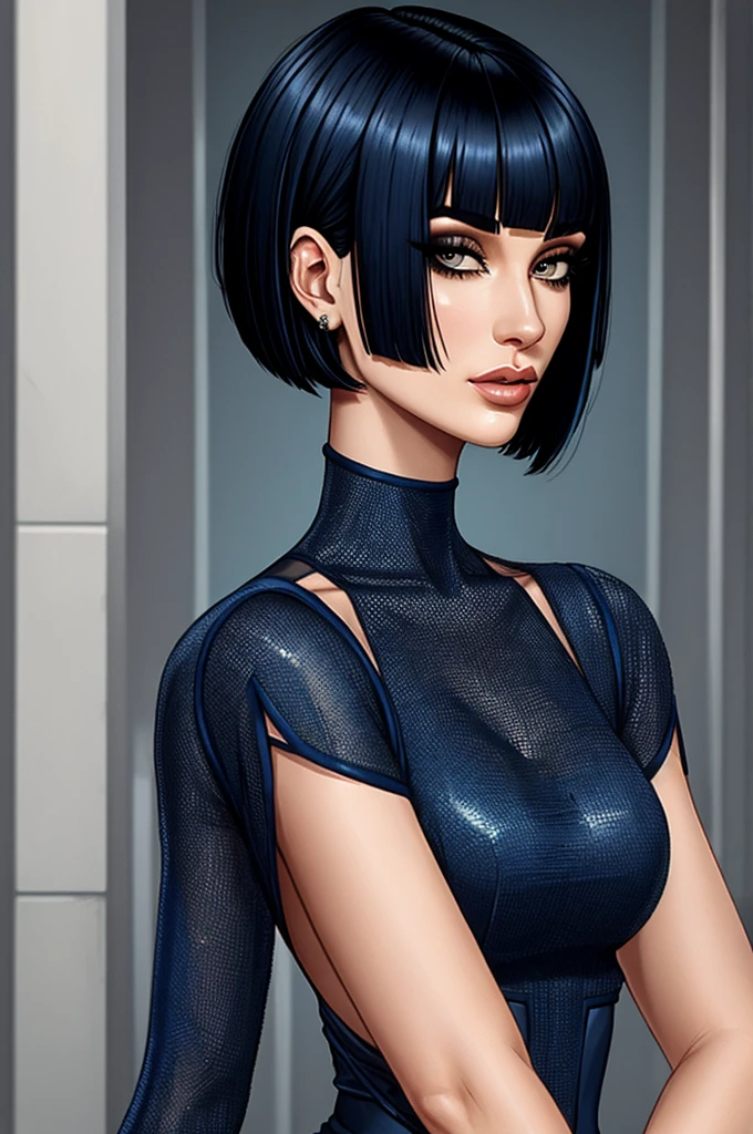 Blue black hair, bobcut, undercut, severe dress