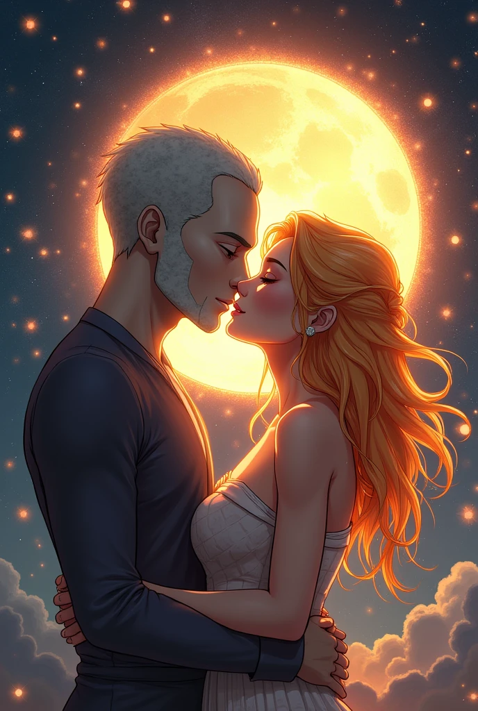 **Prompt:**
"An anime-style scene featuring a personified male Moon and a personified female Sun locked in a passionate French kiss. The Moon, with its cool, cratered surface and grayish-blue hues, is depicted as a mysterious male character. The Sun, with her fiery, radiant aura and golden-yellow tones, is portrayed as a vibrant female character. As they kiss deeply, a subtle, glowing liquid drips from their lips, symbolizing the merging of their cosmic energies. The background is a mix of night and day, with stars and solar flares surrounding them, enhancing the intensity of the moment."