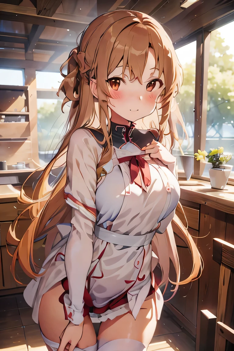 Asuna, One girl, blush, masterpiece, Highest quality, Very detailed, Ray Tracing, Perfect lighting, One girl, alone, Perfect Anatomy, Detailed Images, Natural skin texture, Sexy Body, Delicate eyes, Detailed eyes, Browsing Caution, No pants, Showing her pussy, Amorous, Perfect, Open pussy, Slimmer waist, Wide Hips, Thick thighs, Better lighting.