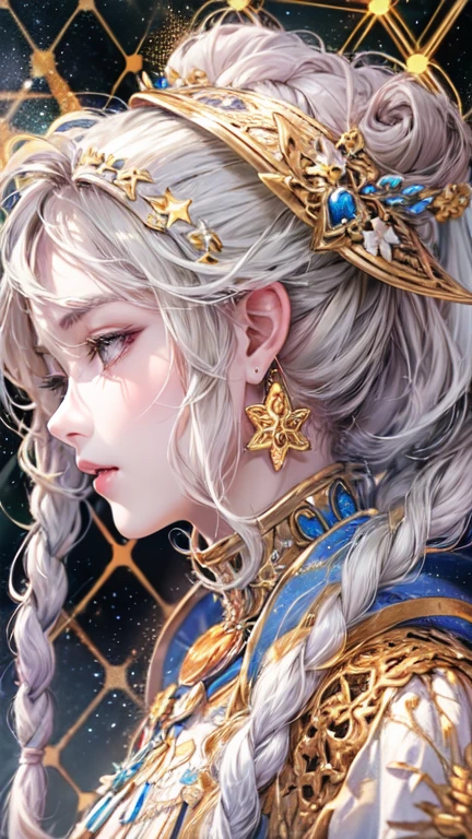 Portrait of a beautiful anime goddess,(masterpiece, Highest quality, Highest quality, Official Art, beautifully、aesthetic:1.2), (One person), Very detailed, (Fractal Art:1.3), colorful, Most detailed, Perfect Face, Upper Body, High resolution, (pray:1.3), (White cloak, golden lines:1.2), Milky Way,Sea of stars, (Streaks of Light),Magical Patterns, Impressive visuals, (Dynamic stripes, Light trail:1.2), Vibrant colors, Blonde,Braided bun hairstyle,Swept-apart bangs