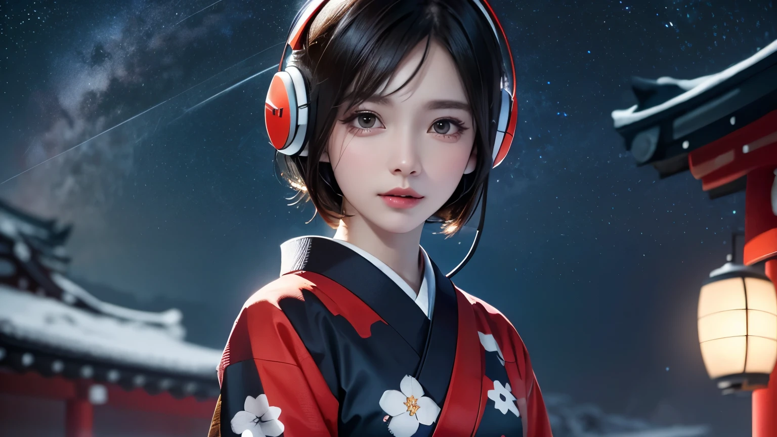 ((japanese kimono)), Snowy Japanese shrine background, (cowboy shot:1.3), (UHigh resolution, retina, masterpiece, Accurate, Anatomically correct, Textured skin, Super detailed, Attention to detail, high quality, High resolution, 1080p, 4K, 8K, 16K), (Beautiful fine details, Beautiful lip detail, Highly detailed eyes and face), Soft lighting, Physically Based Rendering, Vibrant colors, (Shiny Hair, Shiny skin), (blur), Eye Reflexes, (short hair:1.4), ((headphones, wearing headphones)), ((night, starry sky)),