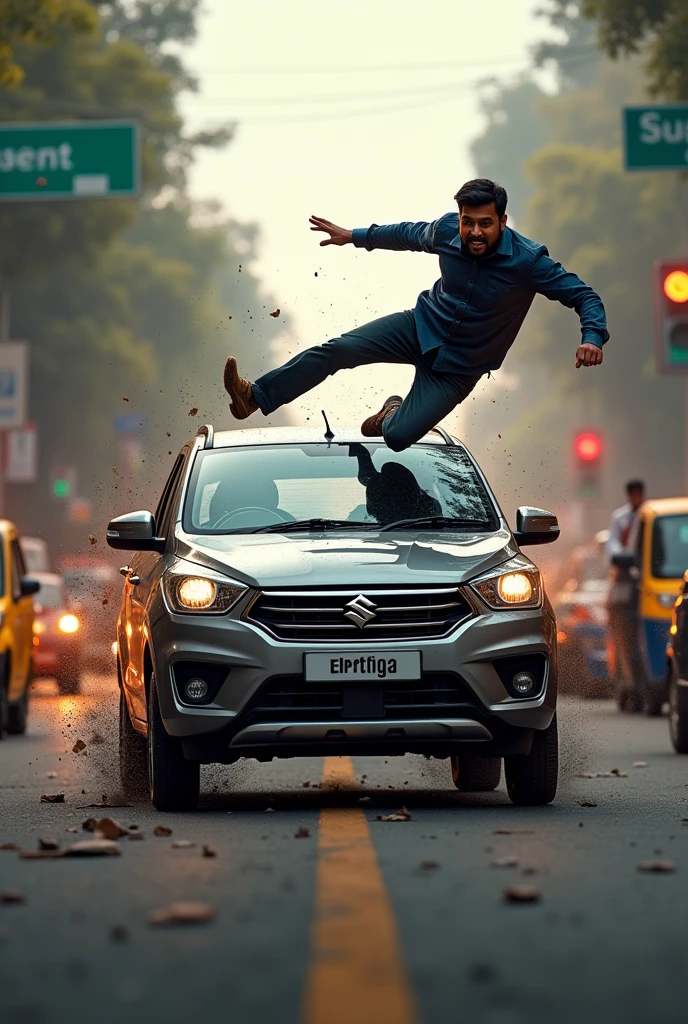 A man getting hit by a maruti ertiga car