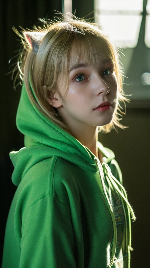 Best quality, masterpiece, ultra high res, (photorealistic:1.4), raw photo, 1girl,blondie hair,have a cat ears,green eyes,wearing old green hoodie,short pants, in the dark, deep shadow, low key, cold light