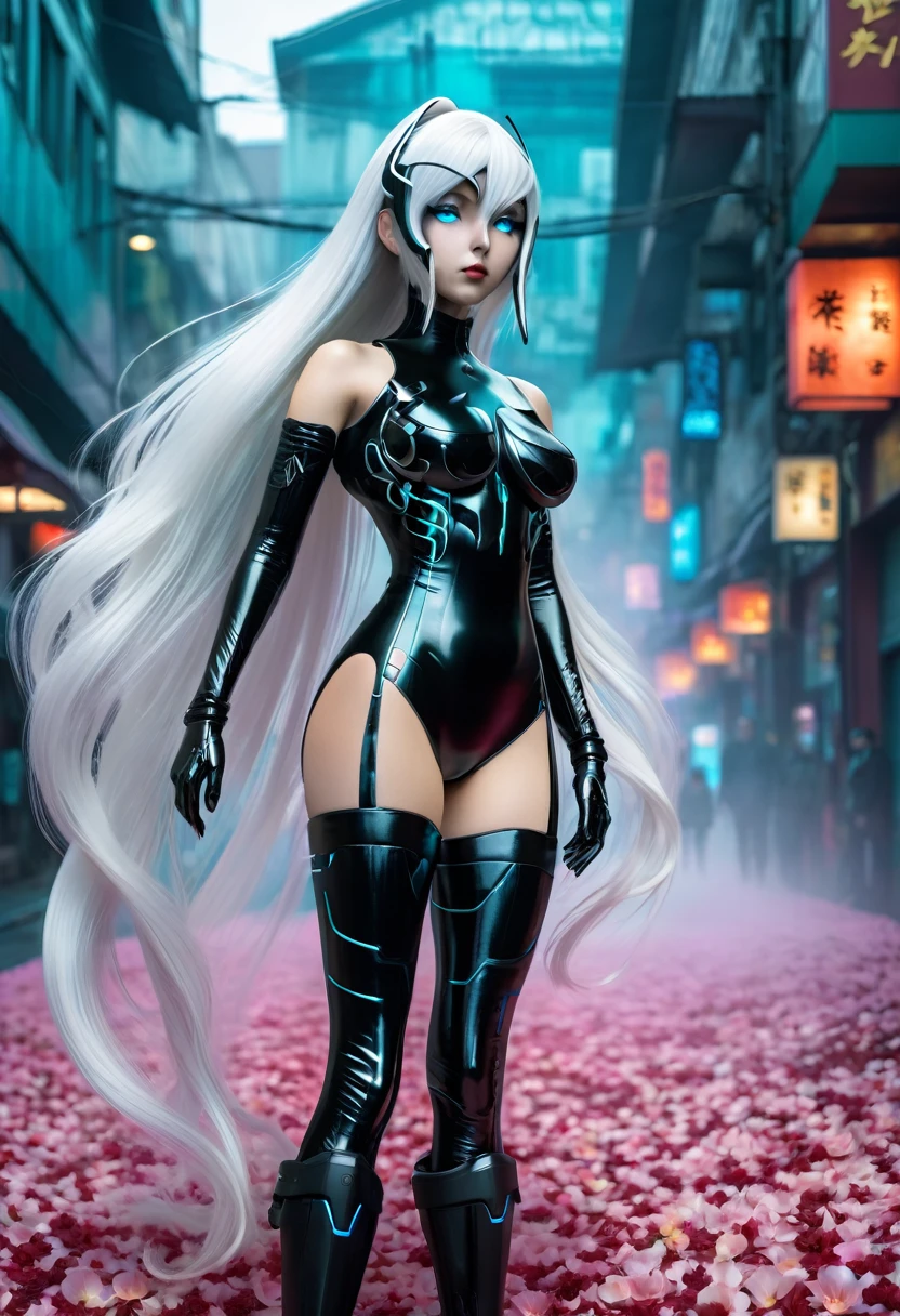 Full-length view. (full-length shot, wide angle, centered, no cropping) AR 9:16 - from 1:2 ((woman in a black linger suit - Ghost in the Shell, porcelain face and head. Long flowing white hair, large turquoise eyes, perfect eyes, best quality)). Visual Kay Fashion, gothic. Yoshitaka Amano, Quentin Mutch, Multicolored Fog. Hannah Yata, fantasy art, megapixels, 8K HDR resolution; volumetric lighting", surreal hallucination, complex detail, sharp focus, wind, cherry petals, Fujifilm, Bokeh. (full-length shot, wide angle, centered, no cropping) - AR 9:16 - from 1:2 