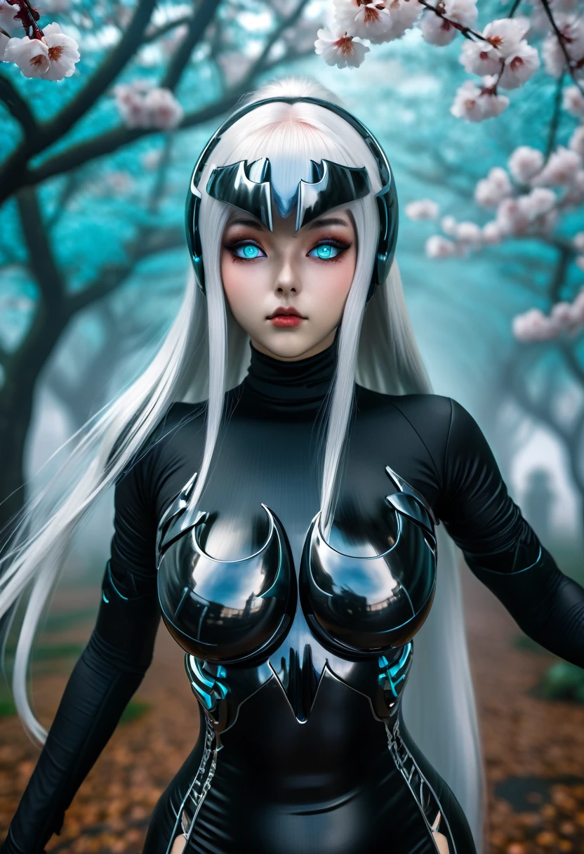 Full-length view. (full-length shot, wide angle, centered, no cropping) AR 9:16 - from 1:2 ((woman in a black linger suit - Ghost in the Shell, porcelain face and head. Long flowing white hair, large turquoise eyes, perfect eyes, best quality)). Visual Kay Fashion, gothic. Yoshitaka Amano, Quentin Mutch, Multicolored Fog. Hannah Yata, fantasy art, megapixels, 8K HDR resolution; volumetric lighting", surreal hallucination, complex detail, sharp focus, wind, cherry petals, Fujifilm, Bokeh. (full-length shot, wide angle, centered, no cropping) - AR 9:16 - from 1:2