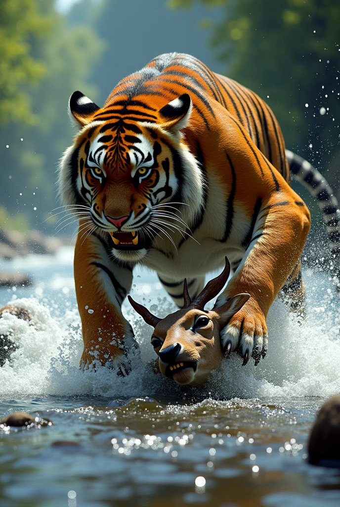 A tiger caught to deer in river not in forest