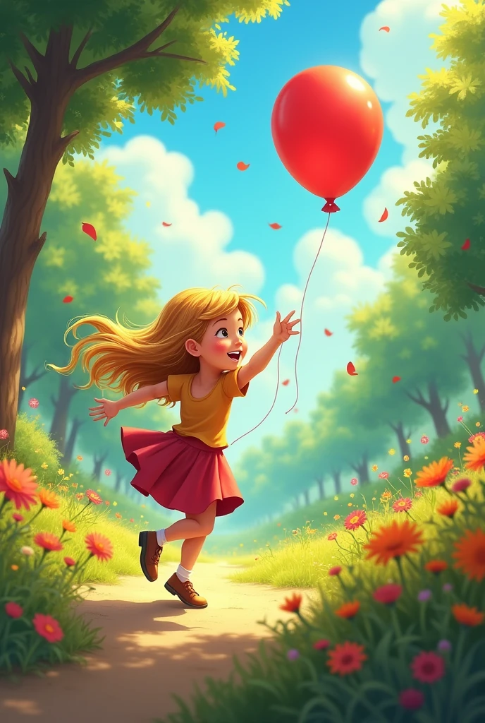 Lily Chasing Balloon: Create an image of Lily running through the park with determination, her hair flying back, as she tries to catch the red balloon rising into the sky. In