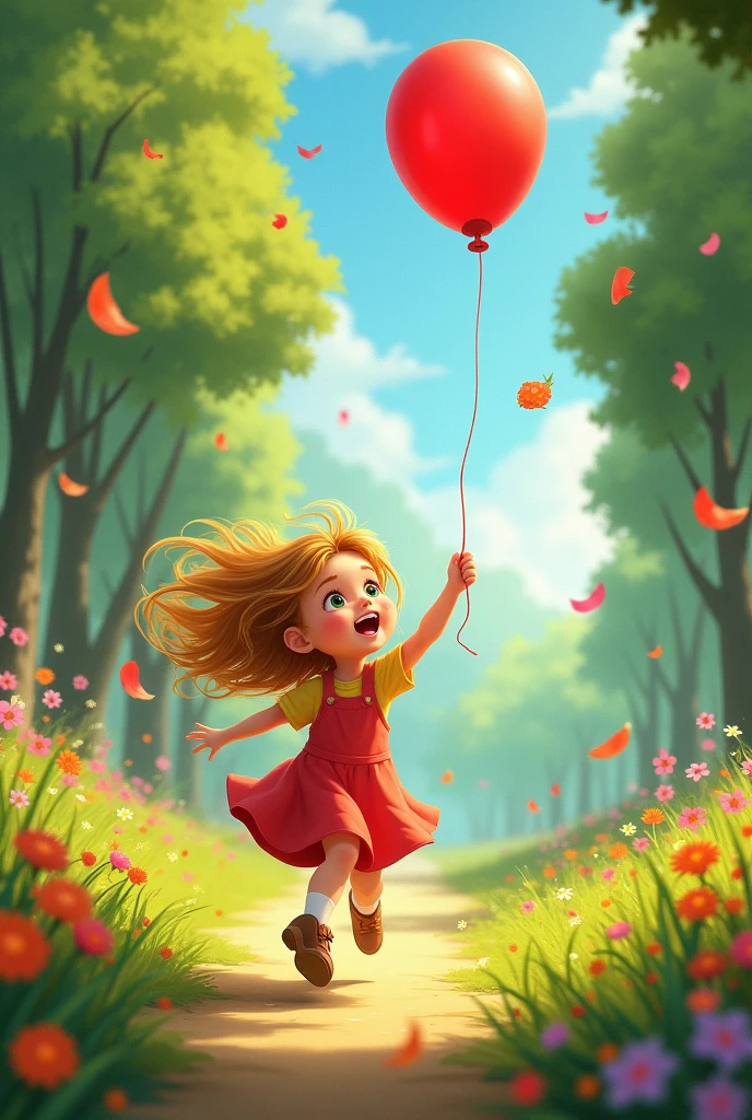 Lily Chasing Balloon: Create an image of Lily running through the park with determination, her hair flying back, as she tries to catch the red balloon rising into the sky. In