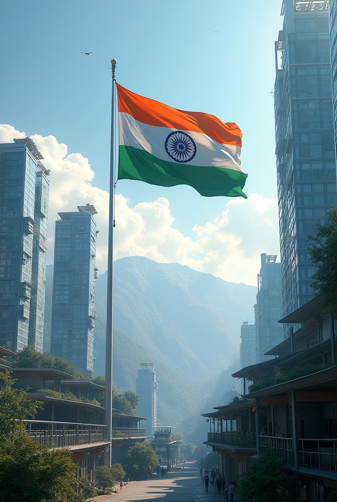 India as a developed nation 2047 with a big Indian flag inside a new unique modern gangtok city having smart tall buildings