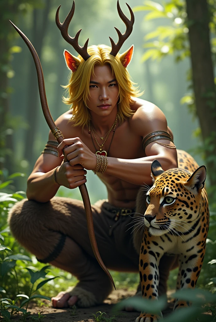 Handsome guy , Korean. He has very dark skin., yellow hair knee length with side bangs. He has faun ears., in the ears gold earrings rings. On the head are deer antlers. He has a bare torso and furry brown pants and shoes in the shape of hooves.. He has a red heart pendant.. He squats in a thicket of ferns and shoots an arrow from a bow.. He smiles beautifully. A kind jaguar next to him.