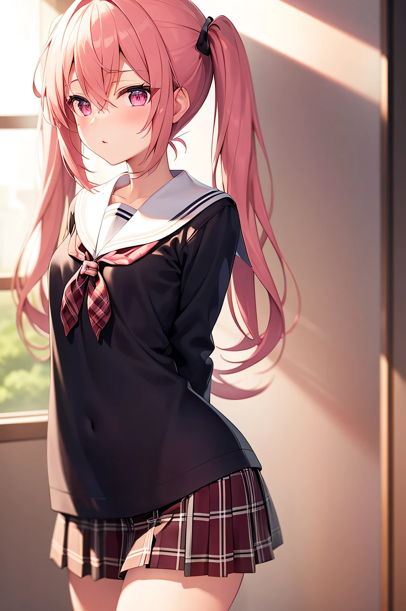 hair between eyes, twintails, sailor collar,
highly_detailed, extremely_detailed_CG_unity_8k_wallpaper, highres, absurdres, beautiful_detailed_eyes, finely_detailed_clothing, finely_detailed_light, highly_detail_hair_, Beautiful eyes,
colorful, light rays, caustics, aistics, lens flare, bokeh, nsfw, flat-chested, pink eyes, White silk stockings, JK Uniform Plaid Skirt, school uniform, Light pink mini skirt, blush,
score_anime, score_9, score_8_up, masterpiece, beautiful scenery, lovely,