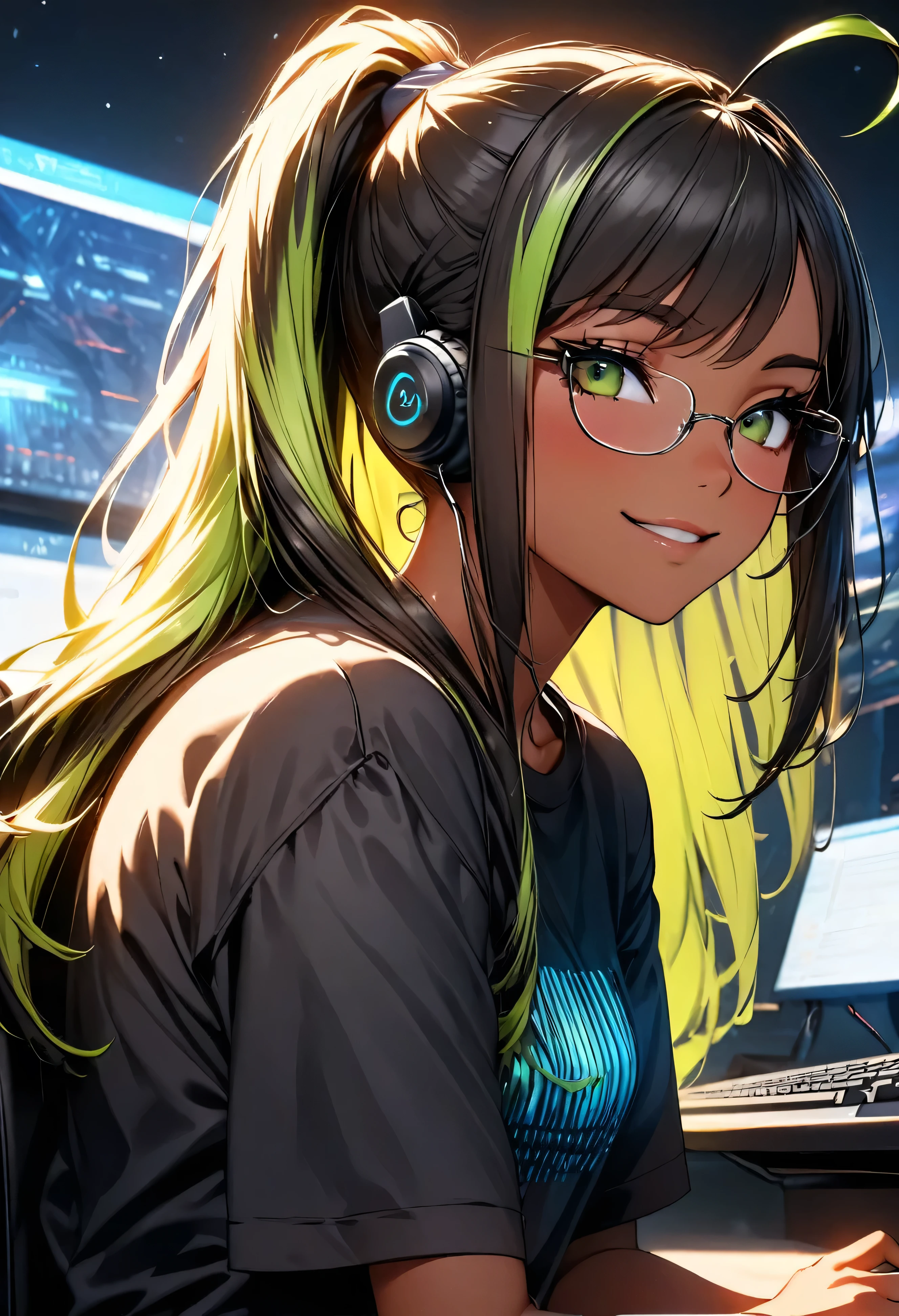 (highest quality:1.2, Very detailed, up to date, Vibrant, Ultra-high resolution, High Contrast, masterpiece:1.2, highest quality, Best aesthetics), Portraiture、girl、((25 years old:1.8)), (slim:1.3), Bright colors、Beautiful fine details、Beautiful lip detail、long hair, (ponytail:1.3), white and yellow green ((streaked hair:1.6)), highlights hair: 1.5, (small breast,:1) (tan skin:1.2), black t-shirt, pants, ((wear headphone:1)), game programer, typing keyboard on the desk PC, sitting gaming chair, glasses, side shot, (cowboy shot:1.1), (look at PC on the desk:1), smirk, upper body