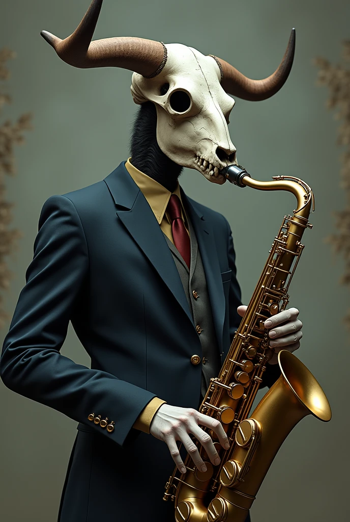 Generate a person with a suit and a bull skull head playing the saxophone