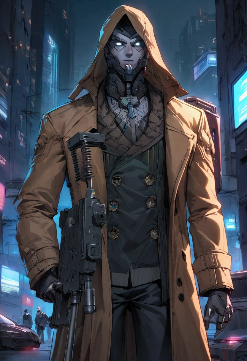A cyberpunk Rorschach (vigilante detective). With cyber ehancements similar to a kamen rixer. He has the ability to hack and gather information from any device he can see. His outfit includes a brown trench coat. He weapons of choice so be razor wires, a grappling gun, small steel balls, and other steel projectiles. He works in the shadows using his ability to hack and control devices around him he can create darknes, project messages and images, working as ghost in the cyberpunk super hero city Neon City
