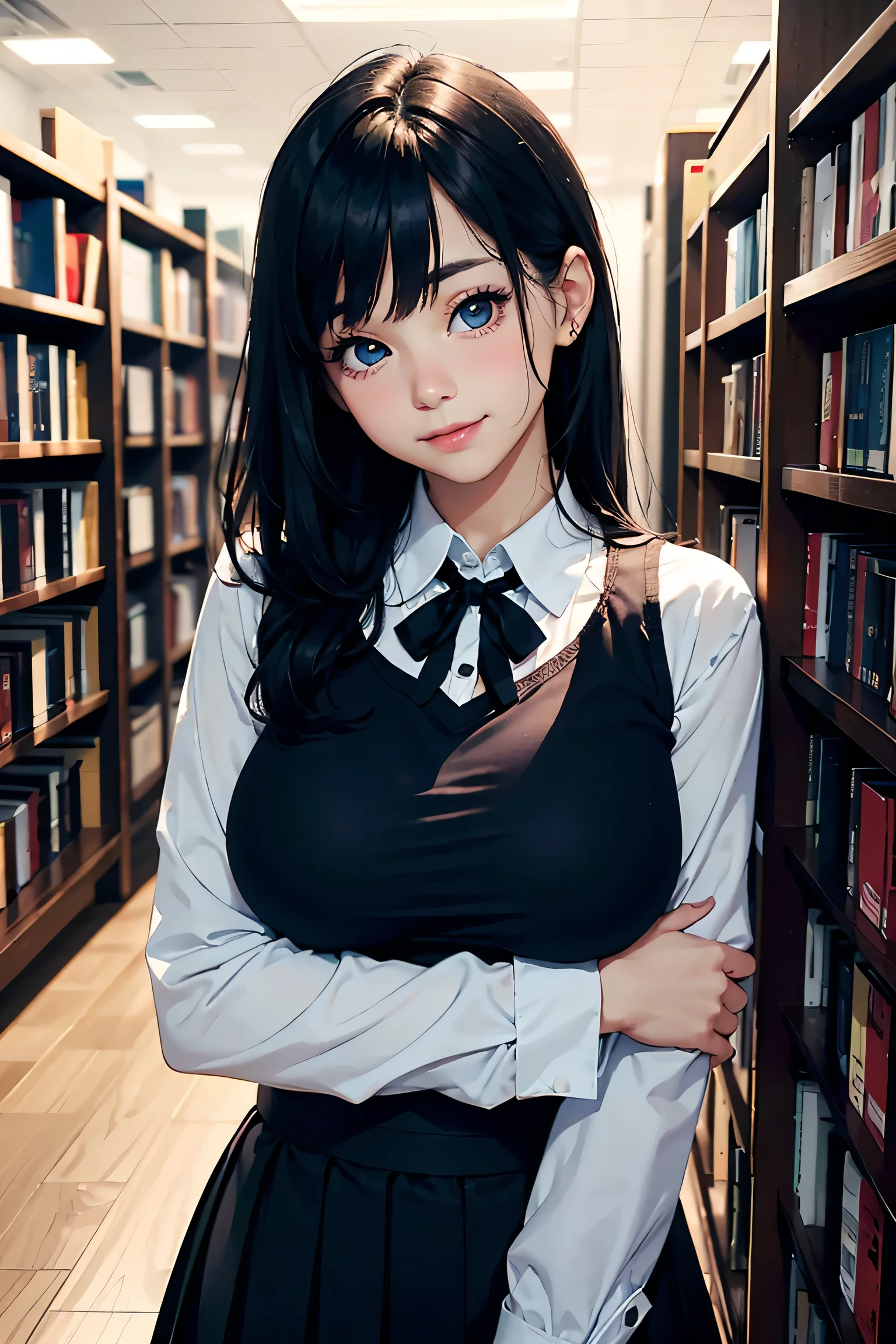 (masterpiece:1.2, Highest quality), (Realistic photos), Beautiful illustrations, (Natural side lighting, Cinema lighting),1 person, 日Book人, 20-year-old female, Perfect Face, Symmetrical cute face, Glowing Skin, (Black Hair、Straight Long Hair)、Flowing bangs, Dark blue eyes, Long eyelashes, (Large Breasts:1.4), Slender build, Beautiful Hair, Beautiful Face, Fine and beautiful eyes, Beautiful body, Beautiful breasts, (White long sleeve collared shirt、Small black ribbon、Navy blue pleated skirt),smile、Blushing、sit、library、Book、Book棚