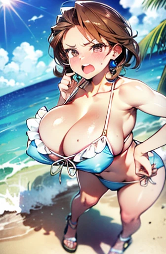 Brown Hair、Big Tits、Huge breasts、Overflowing breasts、Ruffled Bikini、Angry face、blush、Hold up your left index finger、Pink Bikini