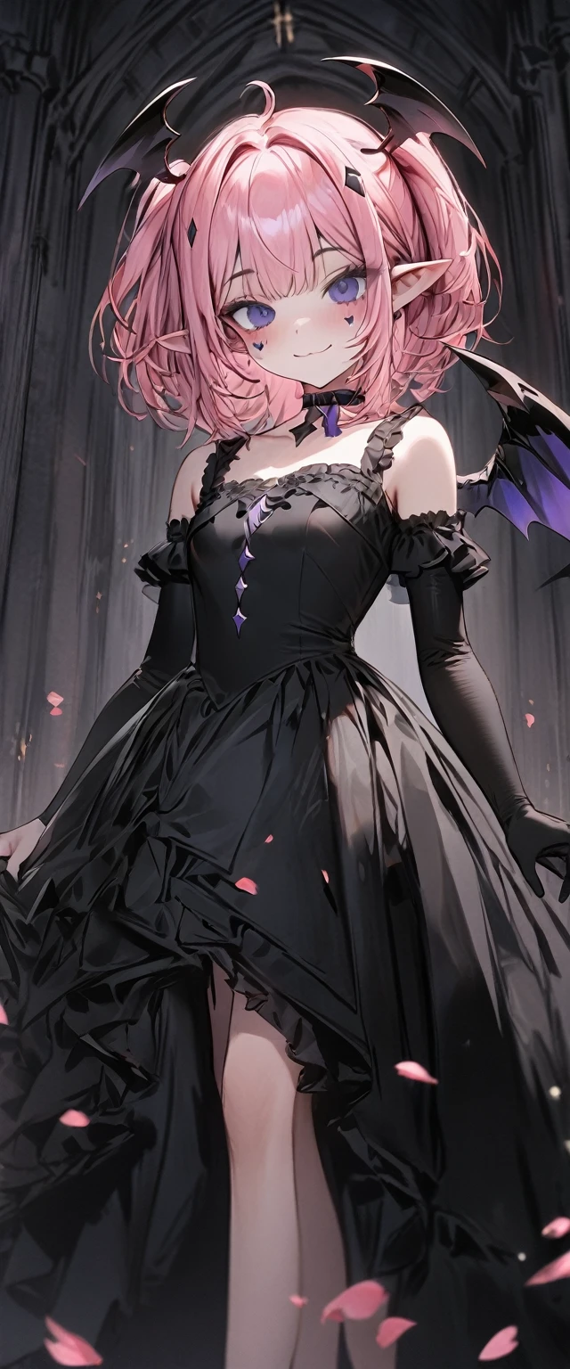 UHD, masterpiece, best quality, extremely detailed, anatomically correct, sharp focus, Midnight, gloomy atmosphere, Church, altar isle, 1girl, solo, camilavtuber, pink hair, short hair, shoulder length hair, (black head wings:1.1), (twin ponytail), PURPLE EYES, PURPLEIRIS, (facial mark), small mouth, closed mouth, smiling, crucifix choker, black arm sleeves, slim arms, black gloves, small chest, 1 devil wing, single wing, ((long black gown)), frilly gown, slim legs, black stockings, (black high heels), (full body) , (close-up), innocent pose, eye-level shot, front view, innocent pose, scattered pink petals