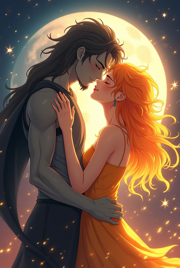 **Prompt:**

"An anime-style scene featuring a personified male Moon and a personified female Sun locked in a passionate French kiss. The Moon, with its cool, cratered surface and grayish-blue hues, is depicted as a mysterious male character. The Sun, with her fiery, radiant aura and golden-yellow tones, is portrayed as a vibrant female character. As they kiss deeply, a subtle, glowing liquid drips from their lips, symbolizing the merging of their cosmic energies. The background is a mix of night and day, with stars and solar flares surrounding them, enhancing the intensity of the moment."