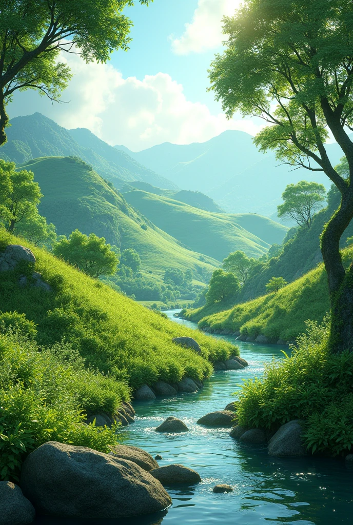 lush hills,with dense foliage,river flow, low angle, HD, 4k, realistic, Midday,