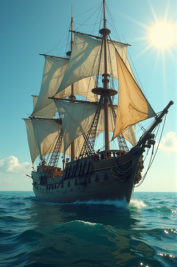 An old pirate ship in the middle of the ocean,