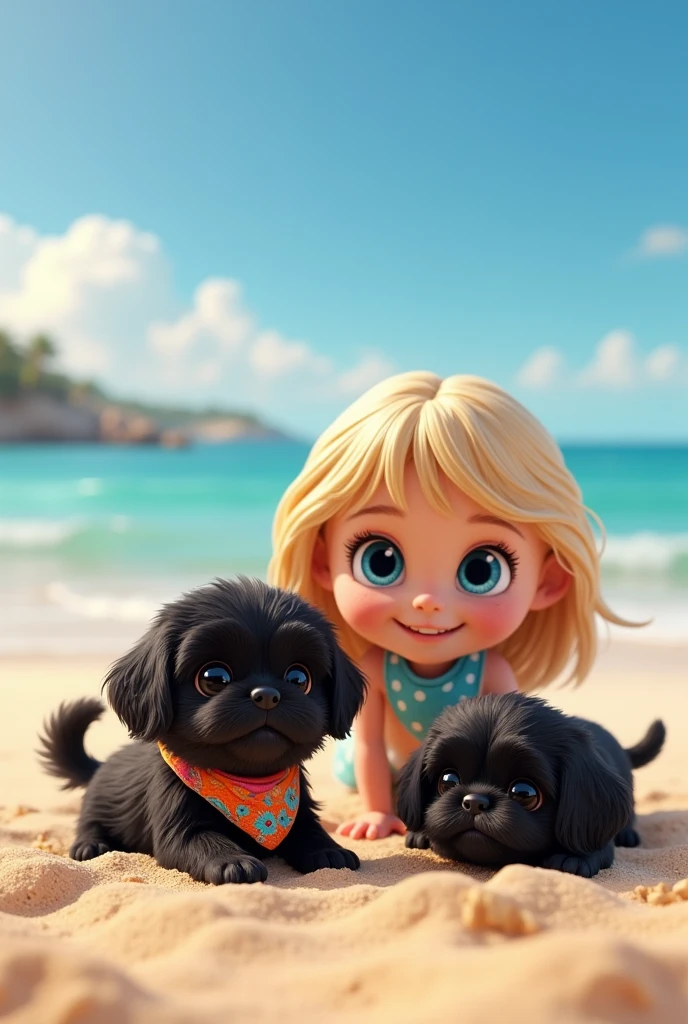 cute adorable 2 black shih tzu puppies, cute blonde girl, extremely detailed, big blue eyes, wearing colorful collar and bandana, burying in sand, 3D Pixar style, at beach, photorealistic, (best quality,8k,highres,masterpiece:1.2),ultra-detailed,(realistic:1.37),HDR,vivid colors,studio lighting