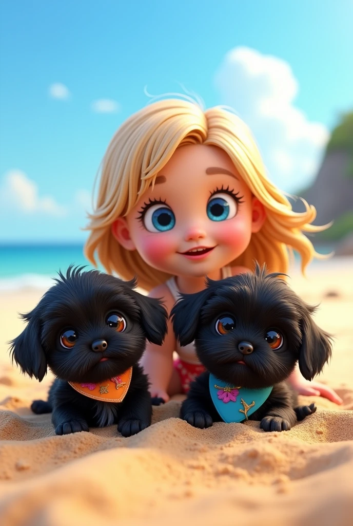 cute adorable 2 black shih tzu puppies, cute blonde girl, extremely detailed, big blue eyes, wearing colorful collar and bandana, burying in sand, 3D Pixar style, at beach, photorealistic, (best quality,8k,highres,masterpiece:1.2),ultra-detailed,(realistic:1.37),HDR,vivid colors,studio lighting
