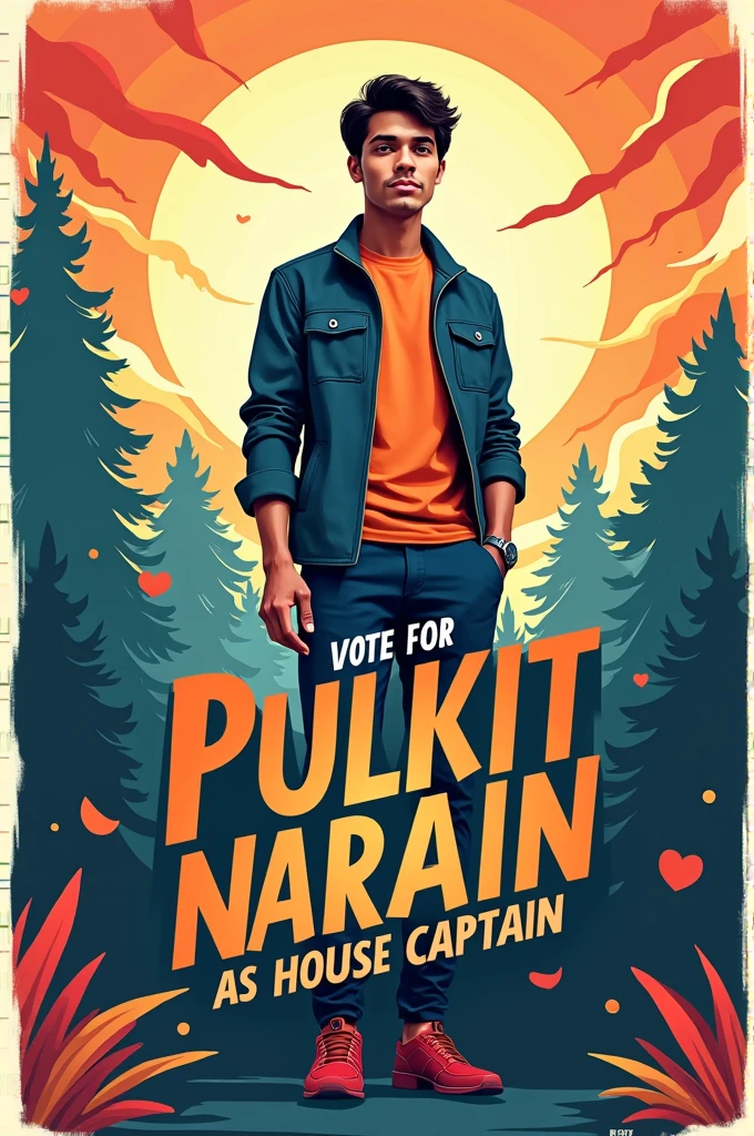 create a poster which has "vote for pulkit narain as house captain" written in it in a creative way