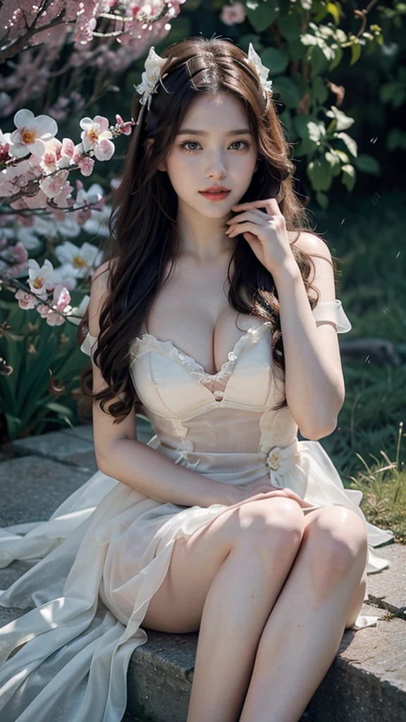 Romantic Rosette dress2, ((knee shot)), fashi-girl, red lips, mature female, makeup, photorealestic、real photograph、((realisticlying:1.5))、There are white butterfly orchids around the hair，Lilac dendrobium、white lilies、1 girl in、Brown hair、floated hair、Hazy beauty、A plump chest, Nice, cleavage, slender leg, Seductive legs, posing elegantly, Have extremely beautiful facial features、Hairpin on the head、perfect hand、(springtime、raining day、butterflys、precipice)、 vectorial art、Chinese contemporary art、Soft lighting、looking-down