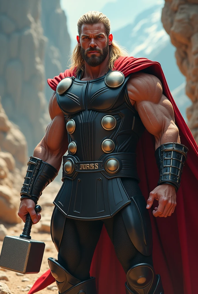 a muscular superhero Thor, detailed muscular body, holding a toy hammer, playful expression, cinematic lighting, fantasy landscape background, dramatic lighting, epic cinematic scale, intricate details, award-winning concept art, vibrant colors, (best quality,4k,8k,highres,masterpiece:1.2),ultra-detailed,(realistic,photorealistic,photo-realistic:1.37)