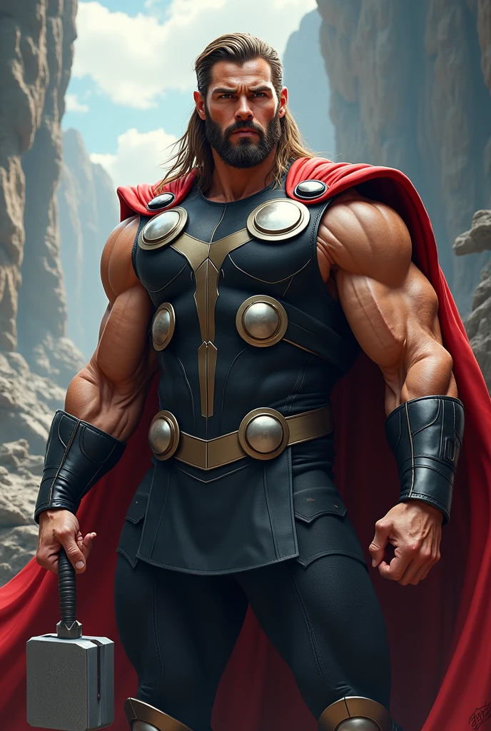 a muscular superhero Thor, detailed muscular body, holding a toy hammer, playful expression, cinematic lighting, fantasy landscape background, dramatic lighting, epic cinematic scale, intricate details, award-winning concept art, vibrant colors, (best quality,4k,8k,highres,masterpiece:1.2),ultra-detailed,(realistic,photorealistic,photo-realistic:1.37)