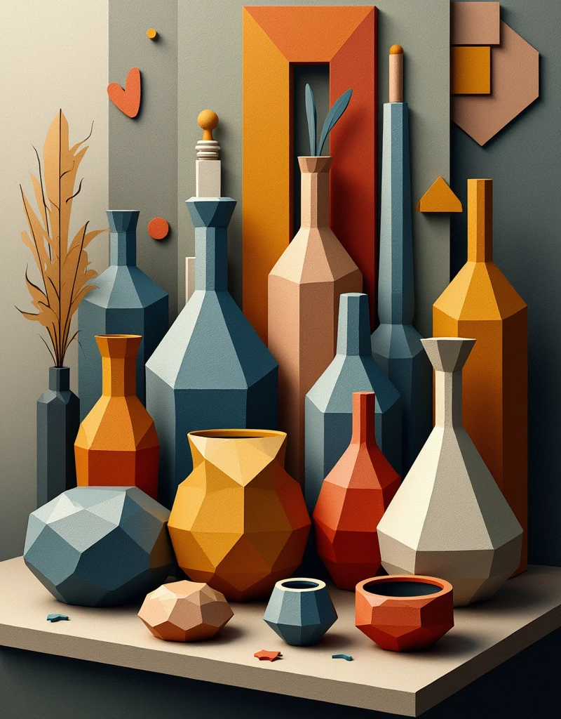 cubism art objects in multiple perspective using geometric shapes