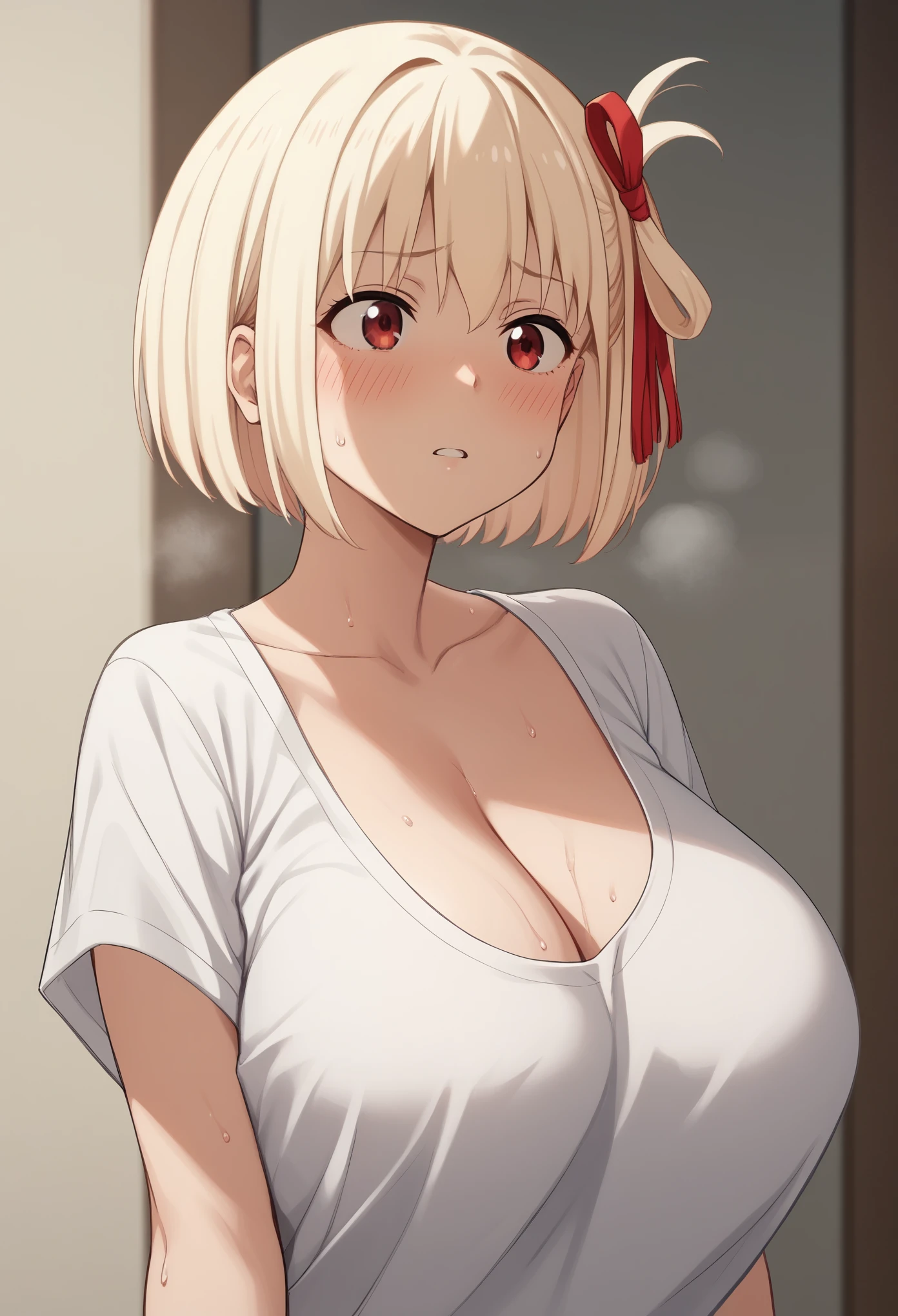 Huge breasts、blush、Sweat、In the heat、alone, one person&#39;s, Nishikigi chisato, chisato nishikigi, short hair, bangs, Blonde, Red eyes, Hair Ribbon, One side up, Bobcut
{Highest quality}, {so beautiful}, {Very detailed}, {Best illustrations},Life、slim:1.5、Upper Body、T-Shirts、Cleavage、Are standing