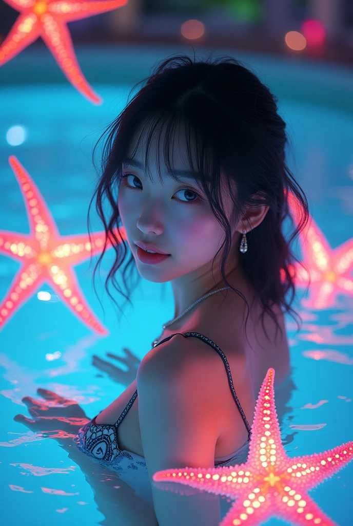 ultra HD,32k,detailed face,entangled by glowing colorful huge star fishs, insanely detailed and intricate, night,pool,RAW photo,ultra realistic photo,beautiful Japanese idol,kawaii,vivid, grow, 16yo,big eyes,detailed skin,clavicle,wavy and medium hair,detailed bikini with geometrc print,floating in pool,necklace,earrings,detailed shadow,gravure,wistful smile, looking back at viewer,colorful lighting, surreal