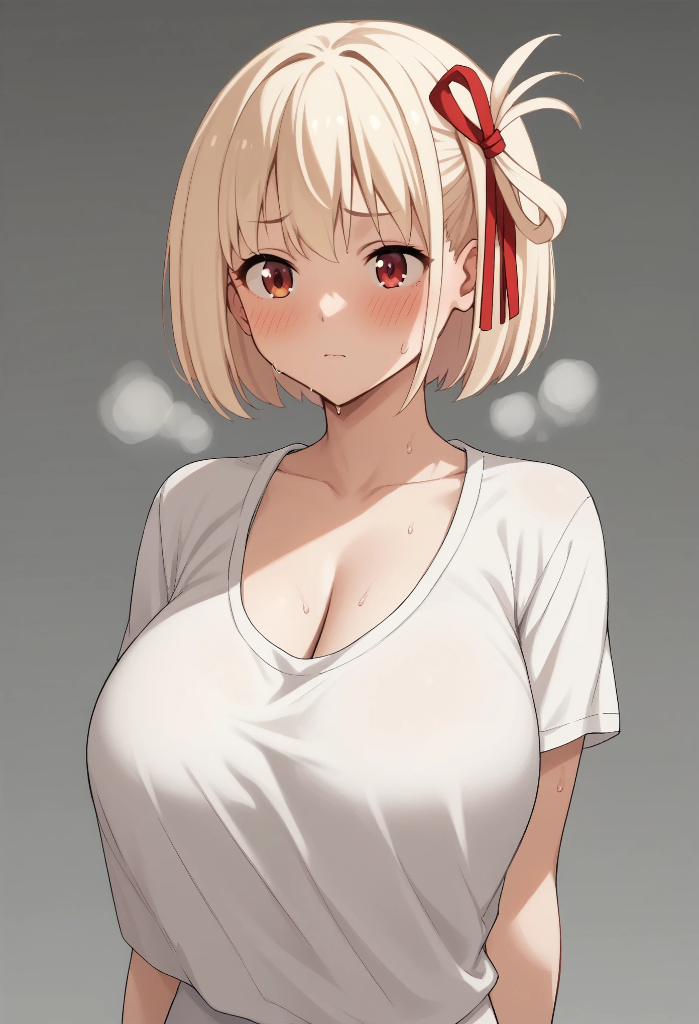 Huge breasts、blush、Sweat、In the heat、alone, one person&#39;s, Nishikigi chisato, chisato nishikigi, short hair, bangs, Blonde, Red eyes, Hair Ribbon, One side up, Bobcut
{Highest quality}, {so beautiful}, {Very detailed}, {Best illustrations},Life、slim:1.5、Upper Body、T-Shirts、Cleavage、Are standing