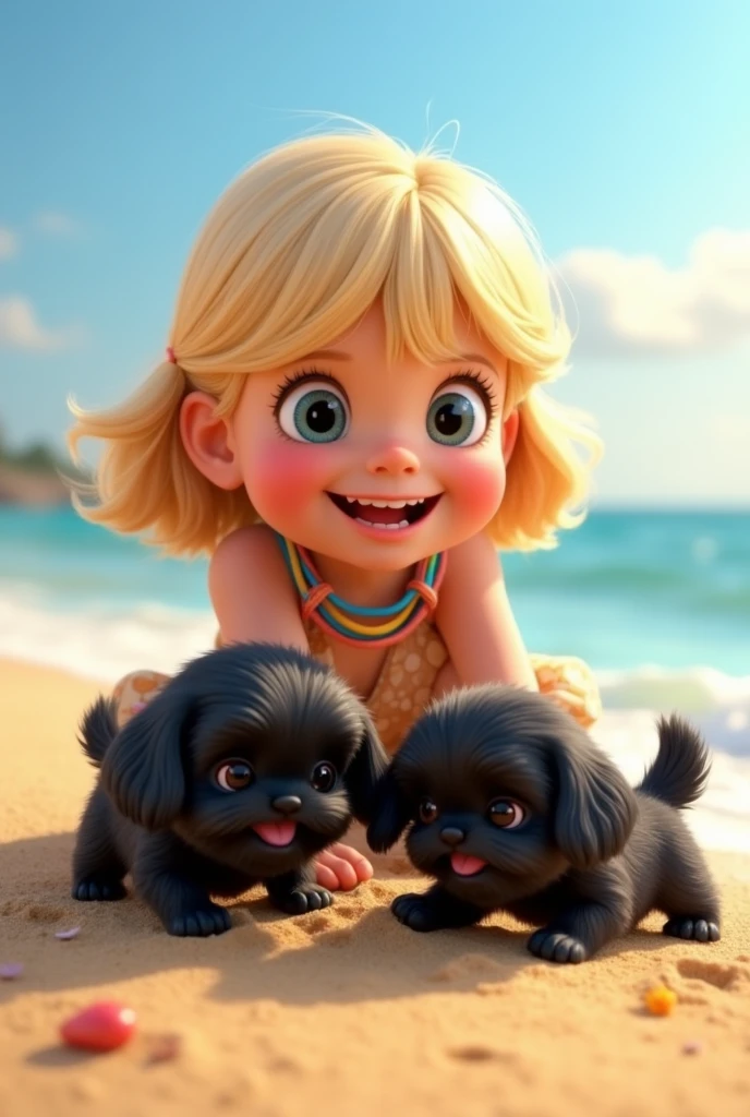 1 blonde girl, 2 adorable black shih tzu puppies with big blue eyes wearing a colorful collar burying in sand, at beach 3D Pixar style