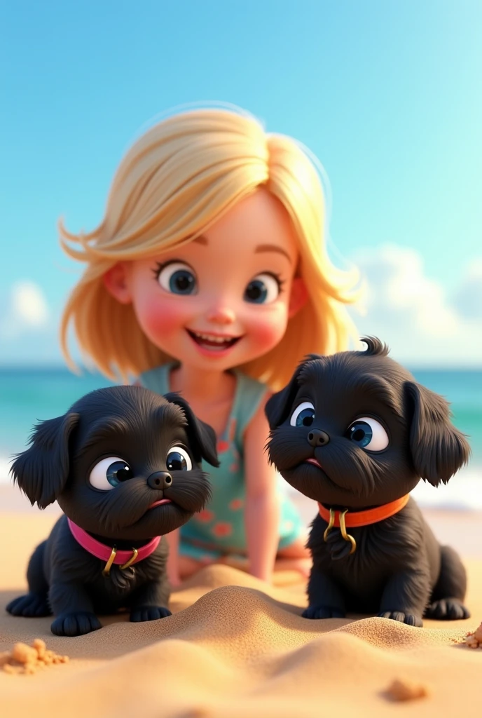1 blonde girl, 2 adorable black shih tzu puppies with big blue eyes wearing a colorful collar burying in sand, at beach 3D Pixar style
