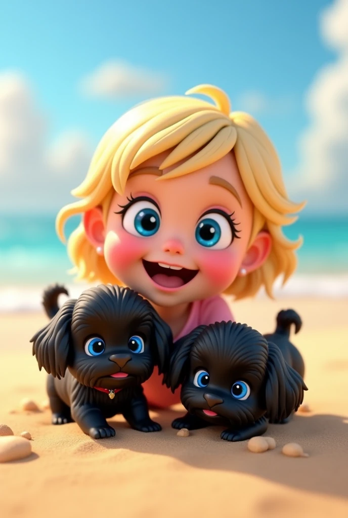 1 blonde girl, 2 adorable black shih tzu puppies with big blue eyes wearing a colorful collar burying in sand, at beach 3D Pixar style