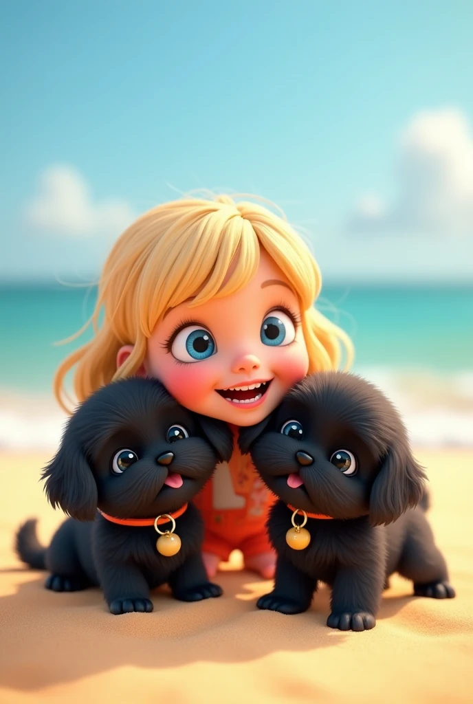 1 blonde girl, 2 adorable black shih tzu puppies with big blue eyes wearing a colorful collar burying in sand, at beach 3D Pixar style