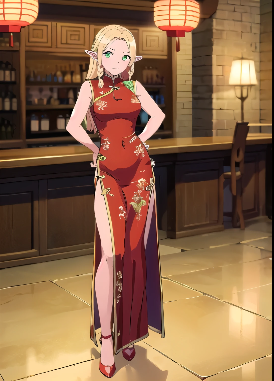 (best quality), ((highly detailed)), (masterpiece),  (1girl), (Marcille_Donato_Dungeon Meshi), blonde hair, long hair, twin braids, elf, pointy ears, green eyes, looking at viewer, (red china long dress: 1.5), (gold decoration dress:1.2), (sleeveless), (deep slit), (red high-heels: 1.3), fullbody, standing, crossed legs, arms behind back, indoors, bar