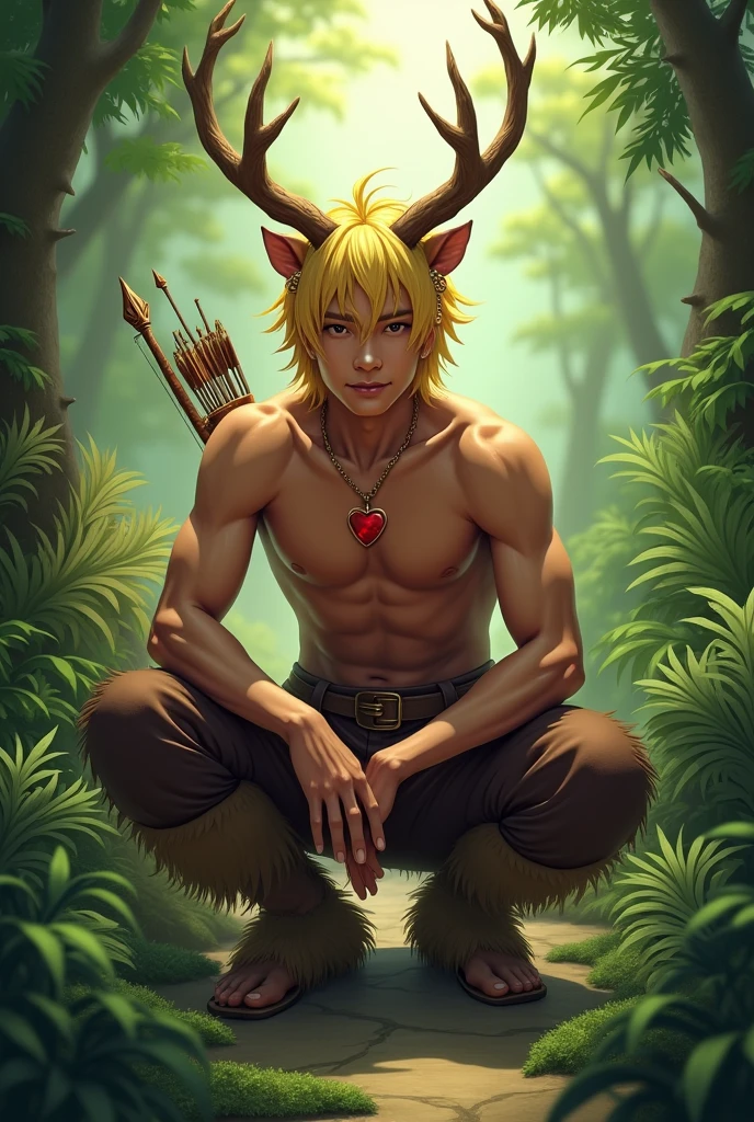 Handsome guy , Korean. He has very dark skin., yellow hair knee length with side bangs. He has faun ears., in the ears gold earrings rings. On the head are deer antlers. He has a bare torso and furry brown pants and shoes in the shape of hooves.. He has a red heart pendant.. He squats in a thicket of ferns and shoots an arrow from a bow.. He smiles beautifully. A kind jaguar next to him.