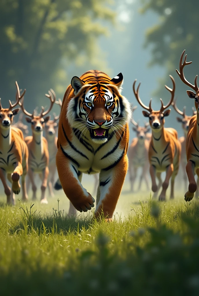 One tiger vs 100 deer fight
