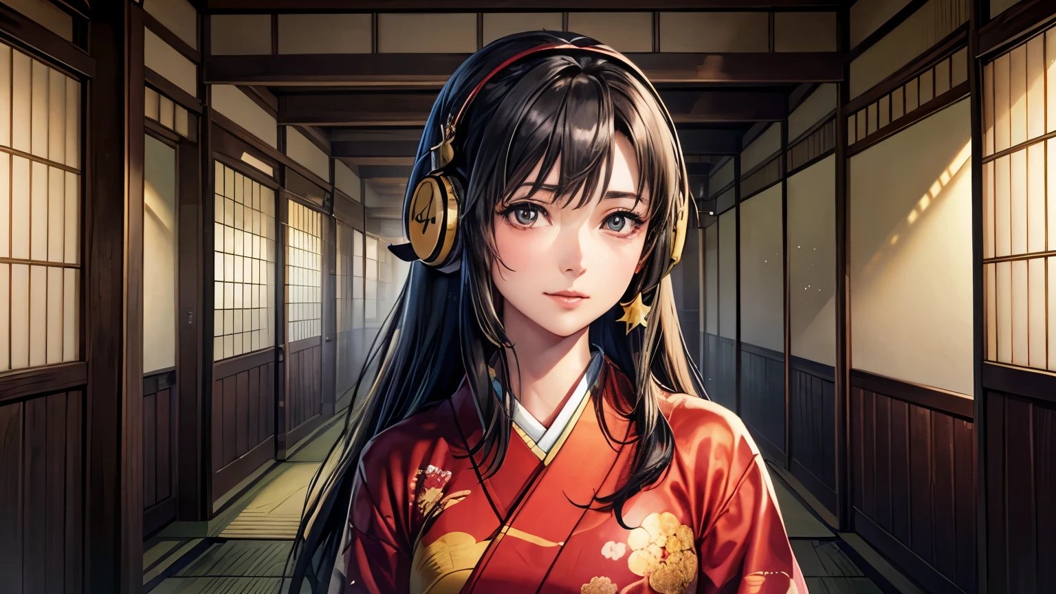(highest quality, 8K, 32k, masterpiece), (newest, exceptional:1.2), anime, (1 girl), bangs, black hair, beautiful 8k eyes, cloud, day, dress, looking at viewer, outdoors, red neckwear, red ribbon, ribbon, river, short hair, short sleeves, ((night, starry sky)), skyscraper, solo, standing, town, water, ((Very beautiful woman, Fuller lips, Japanese pattern kimono)), ((Colorful Japanese kimono))), (((Medium Shot))), Blunt bangs, (High resolution), very beautiful face and eyes, round and small face, thin waist, delicate body, (highest quality high detail Rich skin details), (oil paint:1.2), Super detailed, (realistic, realistic:1.37), bright colors, (((Black Hair))), (((Long Hair))), (((Cowboy photos))), (((Inside an old Japanese house))), (top quality, best quality, official art, beautiful and aesthetic:1.2), extreme detailed, (fractal art:1.3), colorful, highest detailed, Sengoku period, (High resolution), Very beautiful face and eyes, Narrow waist, Delicate body, (Realistic, Realistic:1.37), ((headphones, wearing headphones)),