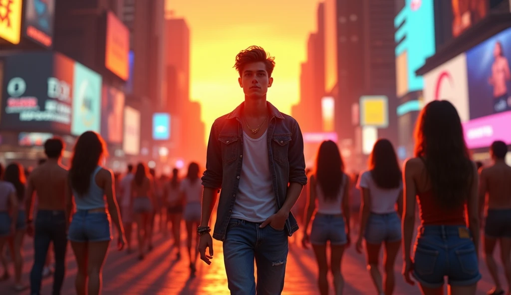 USA TIME SQUARE ORANGE SUNSET EVENING THE ROADS ARE WITH PEOPLE AND YOUNG GIRLS WEARS SHORTS AND TSHIRT DETAILED IN BETWEEN THEM A GUY AGE 27 WALKING VERY STYLISH CLOTHES JEANS AND SHIRT.HIGHLIGHT THE GUY SHOW HIS FACE. VIBRANTLY.