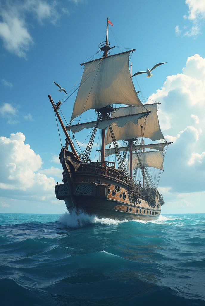 An old pirate ship in the middle of the ocean,