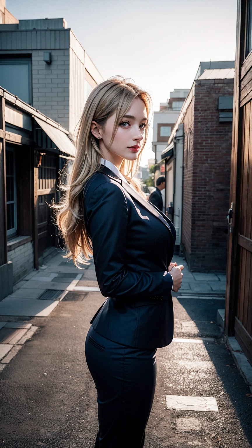 (master piece), original, RAW photo, ((extremly detailed)), ((high quality, best quality)), charm, agirl, solo, business women, elegant, beautiful, profecional lighting, the best lighting, Mature woman, perfect body, sexy body, looks at the viewer, feminine, shiny skin, oiled skin, ((brown lip, lip glosy)), big breast, huge breast, large breast, seductive, little smile, ((sexy smile)), ((blue eyes)), (((blonde hair, long straigh hair with bang))), ((women blazer suit, wearing black blazer for women, black formal long pants)), high heels, outdoor, central park city, japan, afteroon, red sky panorama, best architecture, realistic architecture, realistic background, detail background, rendering high realistic, ultra detail, 8K, high realistic, high resolution, the best resolution, detail hands, detail face, detail anatomy, high detail, high realistic, detail arms, high detail fingers, detail legs, the best proportions, (detail intricated), the best pictures, hdr, dslr, fix , fit, full color, detail pose, perfect pose, the best proportion pose, soft light, natural light, detailed light, Professional, Amazing, realistic, photorealistic, slender, thighhighs, enhance, vivid color, standing, full body, (((from side))), (((portrait))),