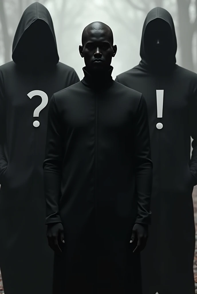 3 men completely dressed in black. The first in the middle with no distinguishing features, the second to his left with a question mark on his chest and the third with an exclamation mark on his chest